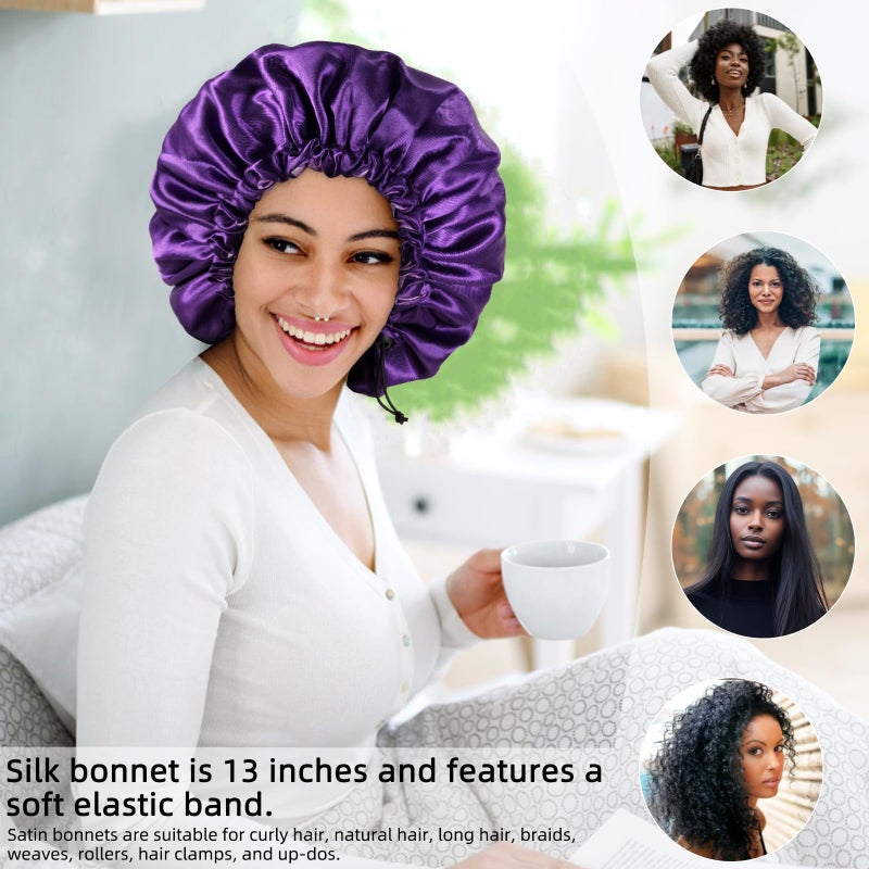 Edoneery Satin Bonnet Silk Bonnet for Curly Hair Bonnet Braid Bonnet for Sleeping Bonnets for Women Large Double-Layer Adjustable Purple - Image 4